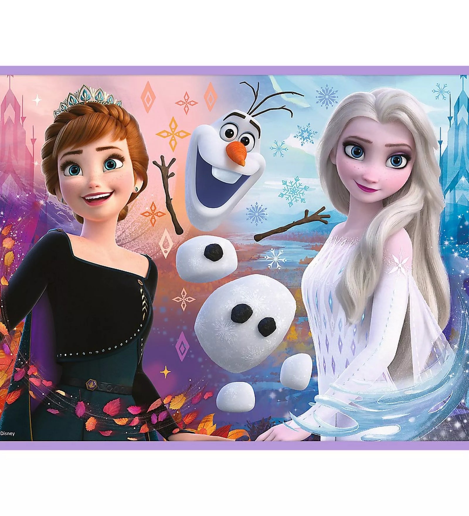 Disney Jégvarázs 2 puzzle kész kép, amelyen Anna és Elsa portréja látható Olaf hóemberrel, színes, varázslatos háttérrel, részletgazdag illusztrációval, gyerek puzzle formátumban.