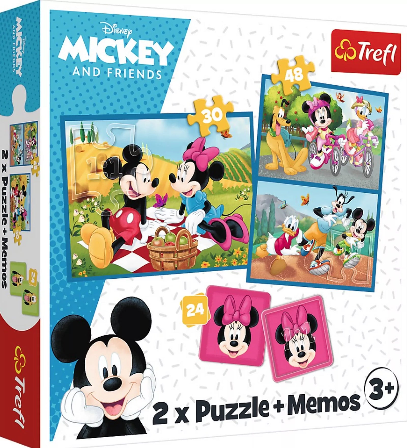 Trefl Mickey egér és barátai 2 az 1-ben puzzle és memóriajáték dobozképe, amelyen Mickey, Minnie, Donald, Daisy, Goofy és Pluto láthatók, 30 és 48 darabos puzzle-képek és 24 lapos memóriakártyák