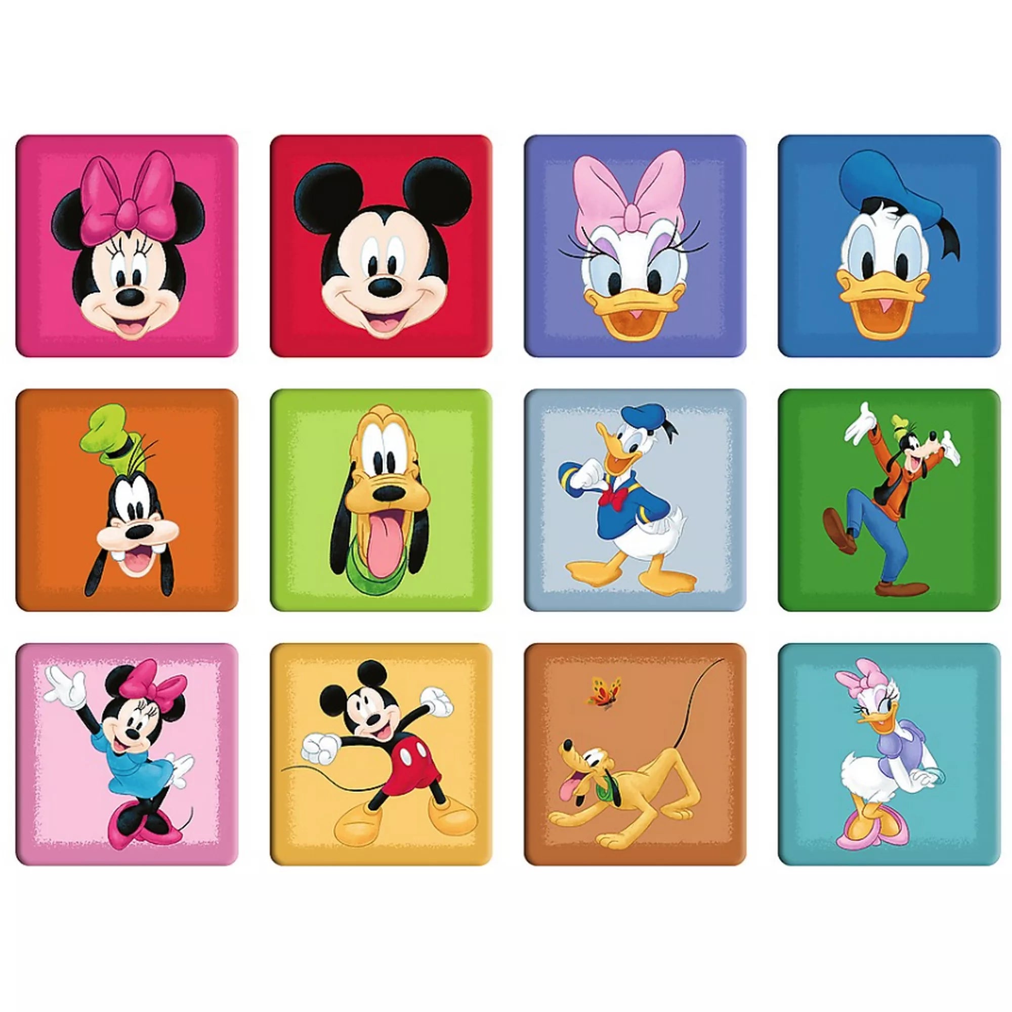 Mickey egér és barátai memóriajáték kártyák, Minnie, Mickey, Donald, Daisy, Goofy és Pluto karakterekkel, színes háttérrel, gyermekbarát párosító memóriakártya készlet.