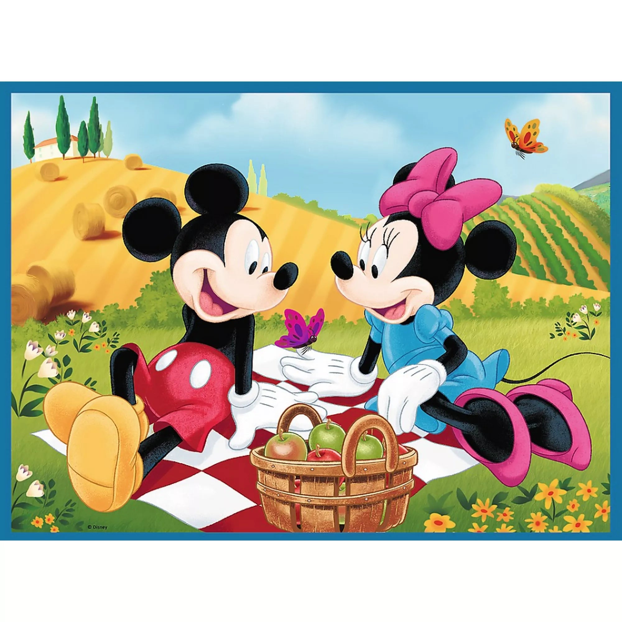 Mickey egér és Minnie egér puzzle kész kép, piknikezős jelenettel, gyümölcsös kosárral, virágos réten, vidám, színes illusztrációval, klasszikus Disney stílusban.