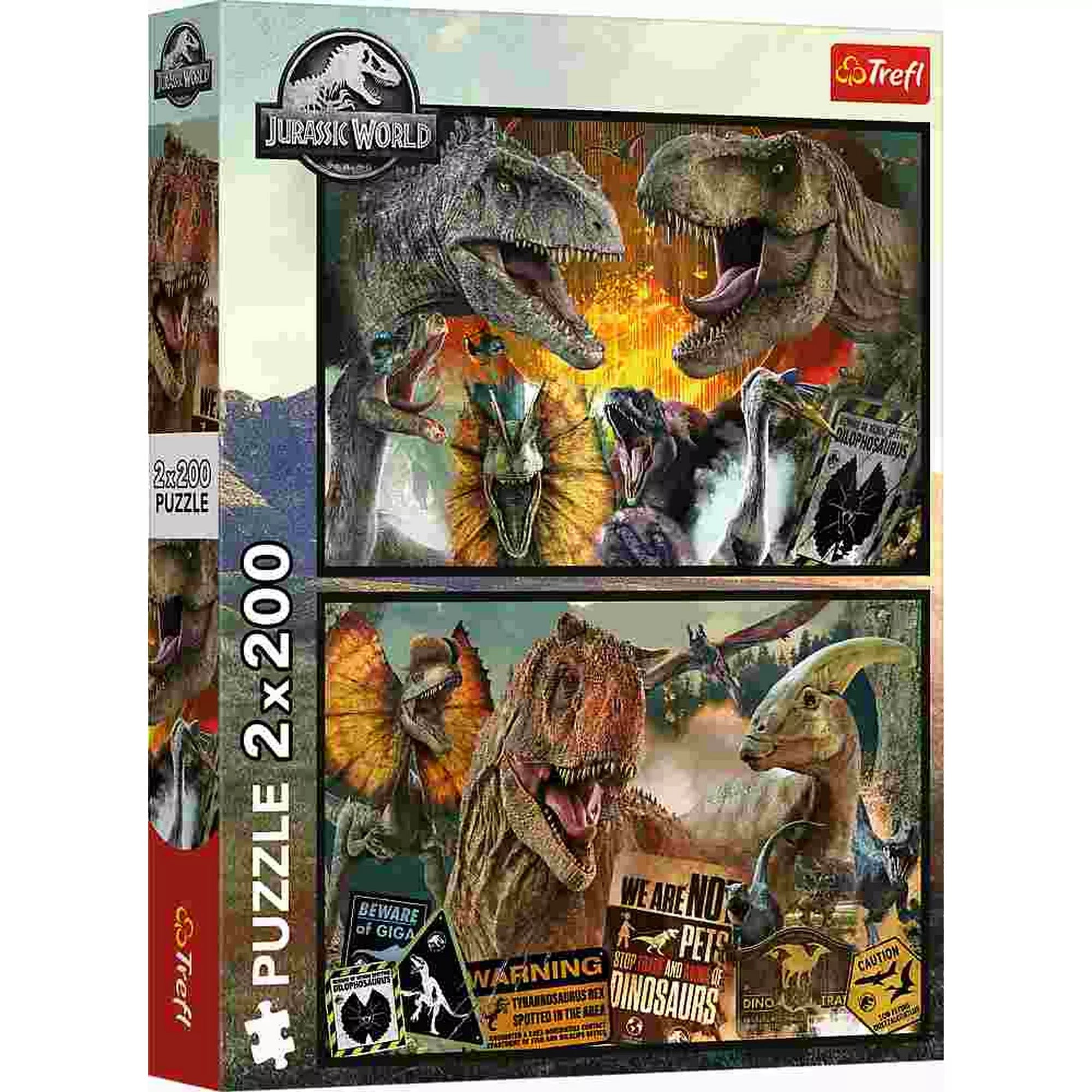 Trefl Jurassic World 2 × 200 darabos puzzle dobozképe, amelyen több ikonikus dinoszaurusz látható, köztük Tyrannosaurus rex és Dilophosaurus, sötét hangulatú, látványos illusztrációkkal és filmes stílusú grafikai elemekkel.