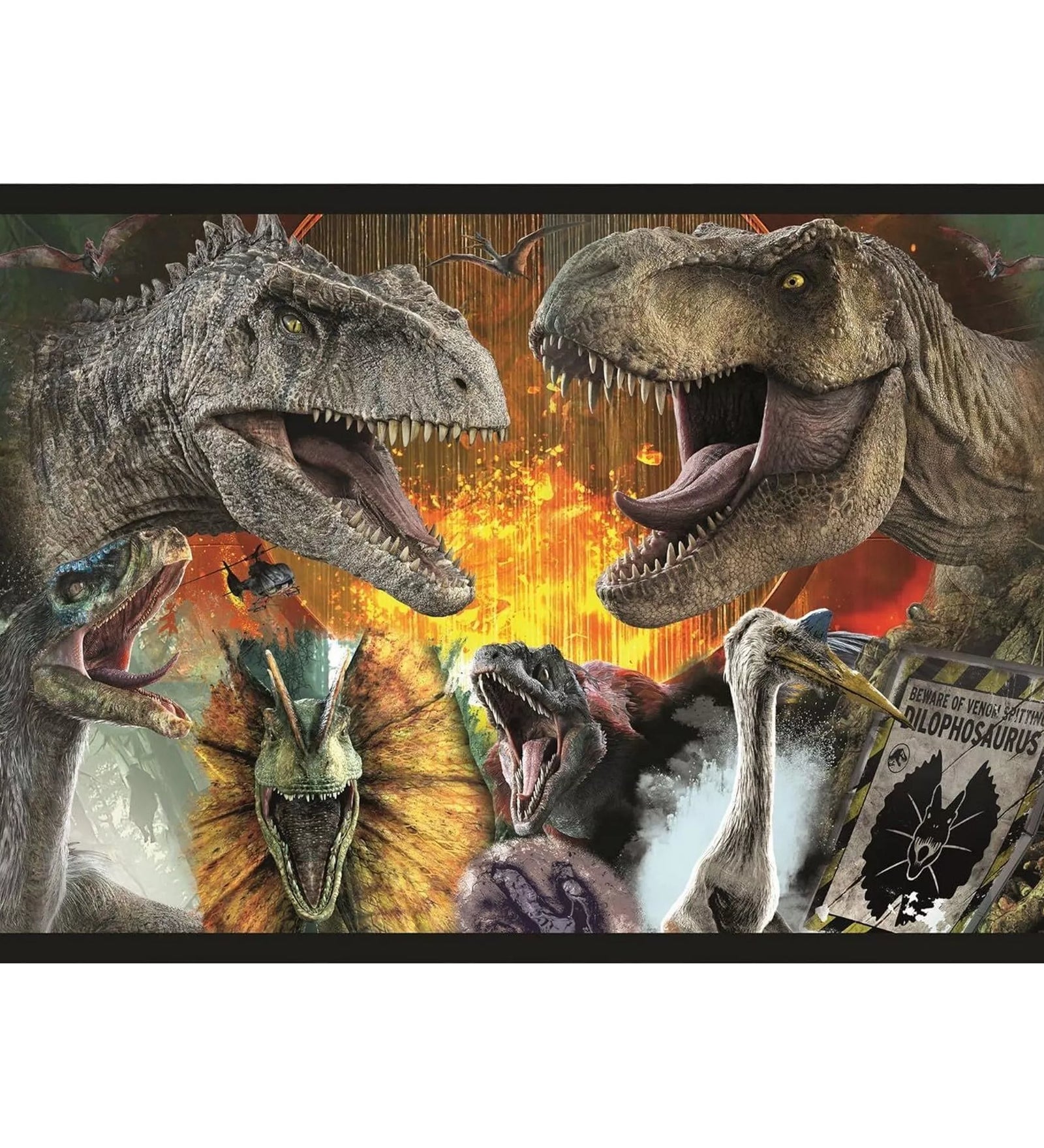 Jurassic World puzzle kész kép, amelyen több ragadozó dinoszaurusz, köztük Tyrannosaurus rex és Dilophosaurus látható üvöltő pózban, robbanásszerű háttérrel, intenzív színekkel és részletgazdag, mozgalmas jelenettel.