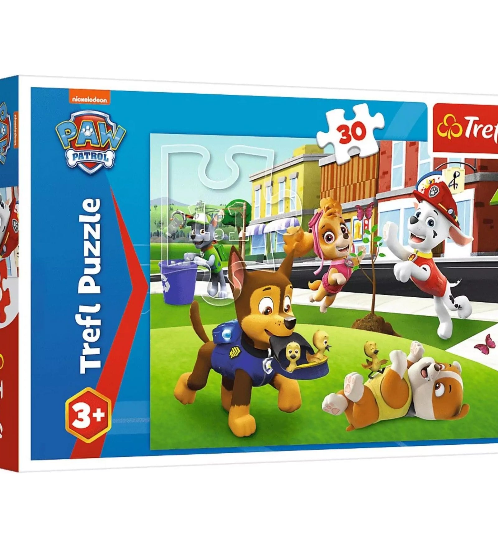 A Trefl 30 darabos Mancs őrjárat akcióban puzzle doboza, amelyen a híres kutyamentő csapat szerepel.