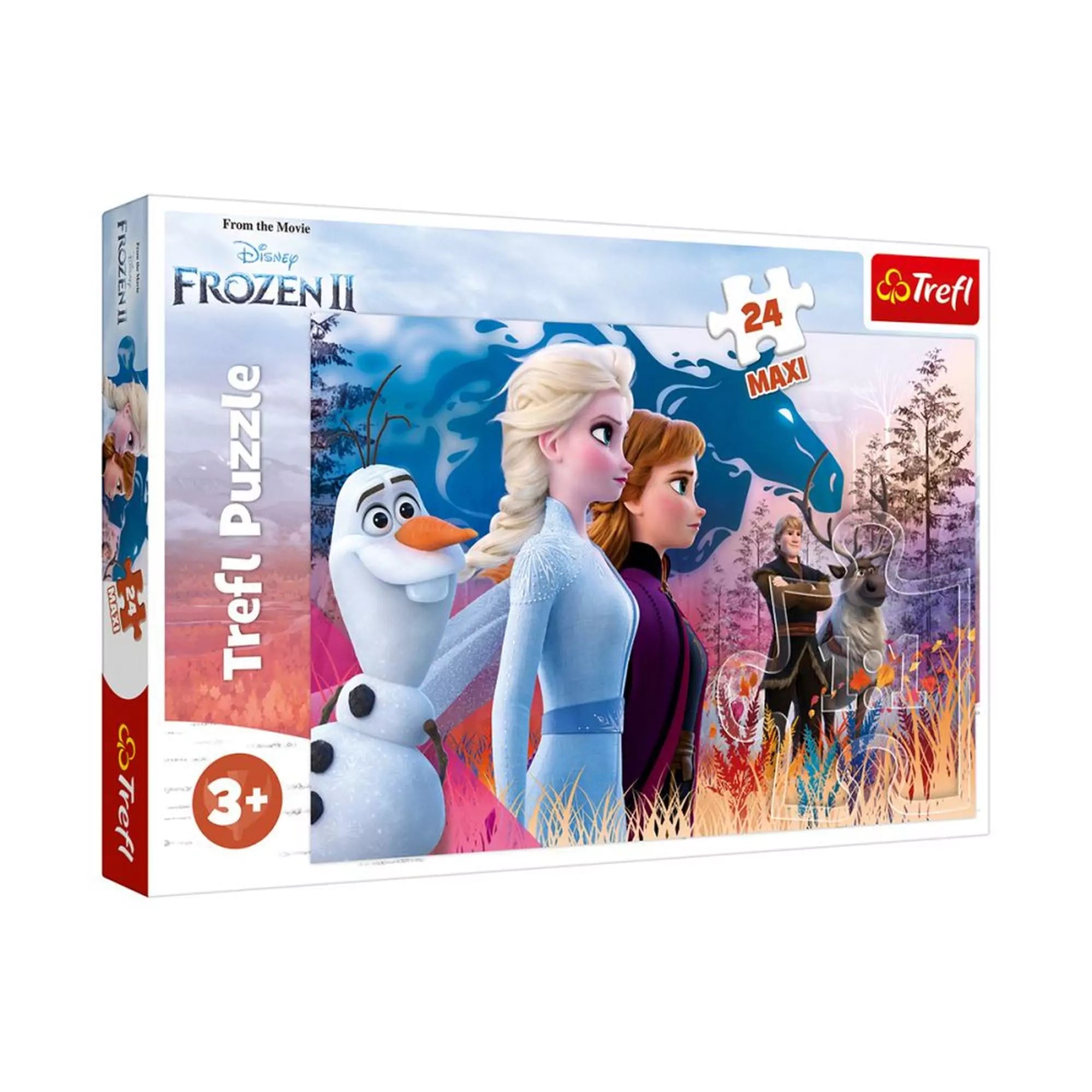 Trefl Puzzle Maxi Frozen II, 24 darabos – A puzzle doboza, amelyen Elza, Anna, Olaf, Kristoff és Sven látható egy varázslatos erdő háttér előtt, valamint egy kék misztikus ló alakja a háttérben.