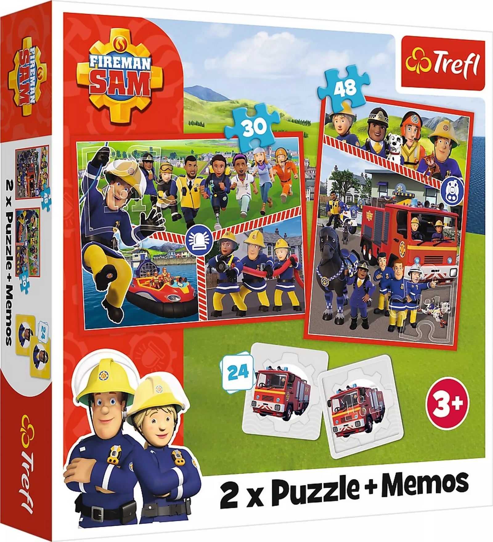 Fireman Sam 2 x Puzzle + Memos dobozképe, amelyen a rajzfilmsorozat szereplői, tűzoltóautó, mentési jelenetek, valamint a 30 és 48 darabos puzzle és a memóriajáték elemei láthatók