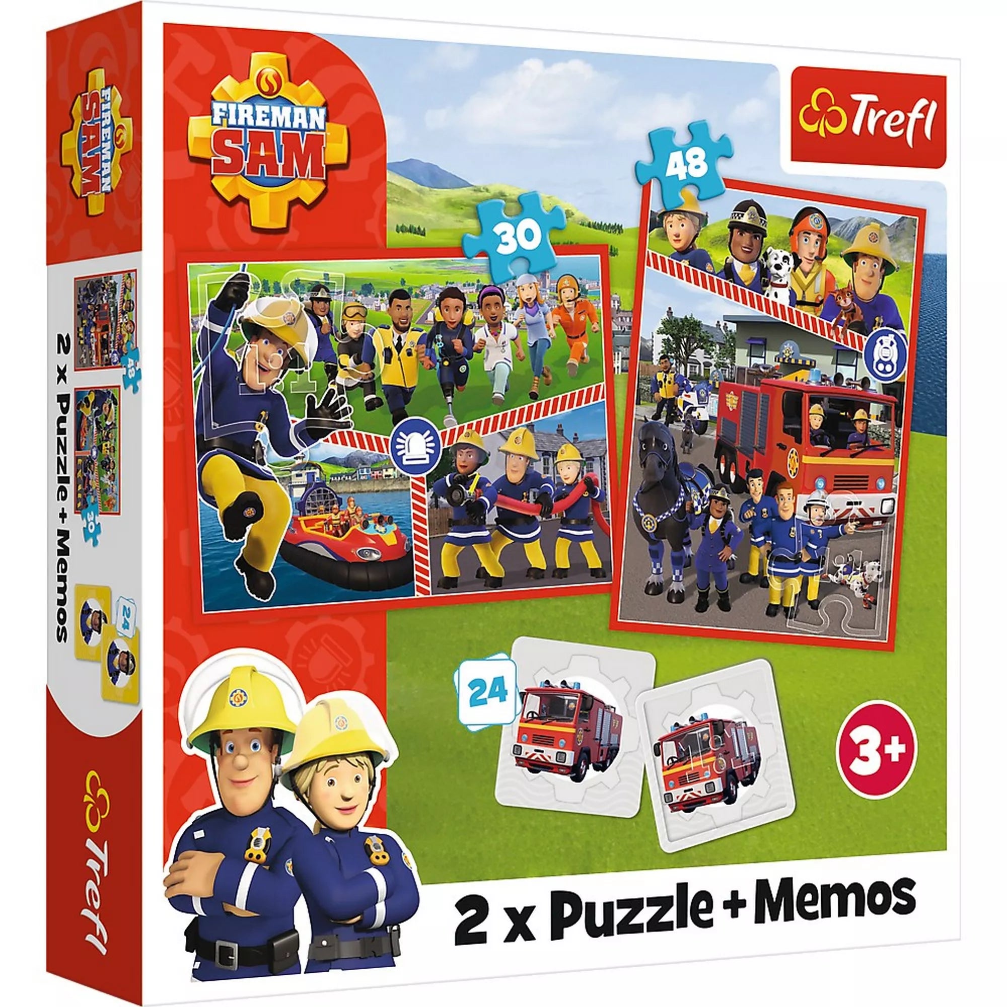 Fireman Sam 2 x Puzzle + Memos dobozképe, amelyen a rajzfilmsorozat szereplői, tűzoltóautó, mentési jelenetek, valamint a 30 és 48 darabos puzzle és a memóriajáték elemei láthatók