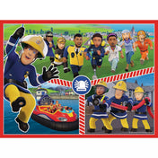 Fireman Sam puzzle illusztráció, amely több mentési jelenetet mutat be: vízi mentés csónakkal, futó szereplők a városban és tűzoltók bevetés közben, élénk színekkel és mozgalmas kompozícióval.