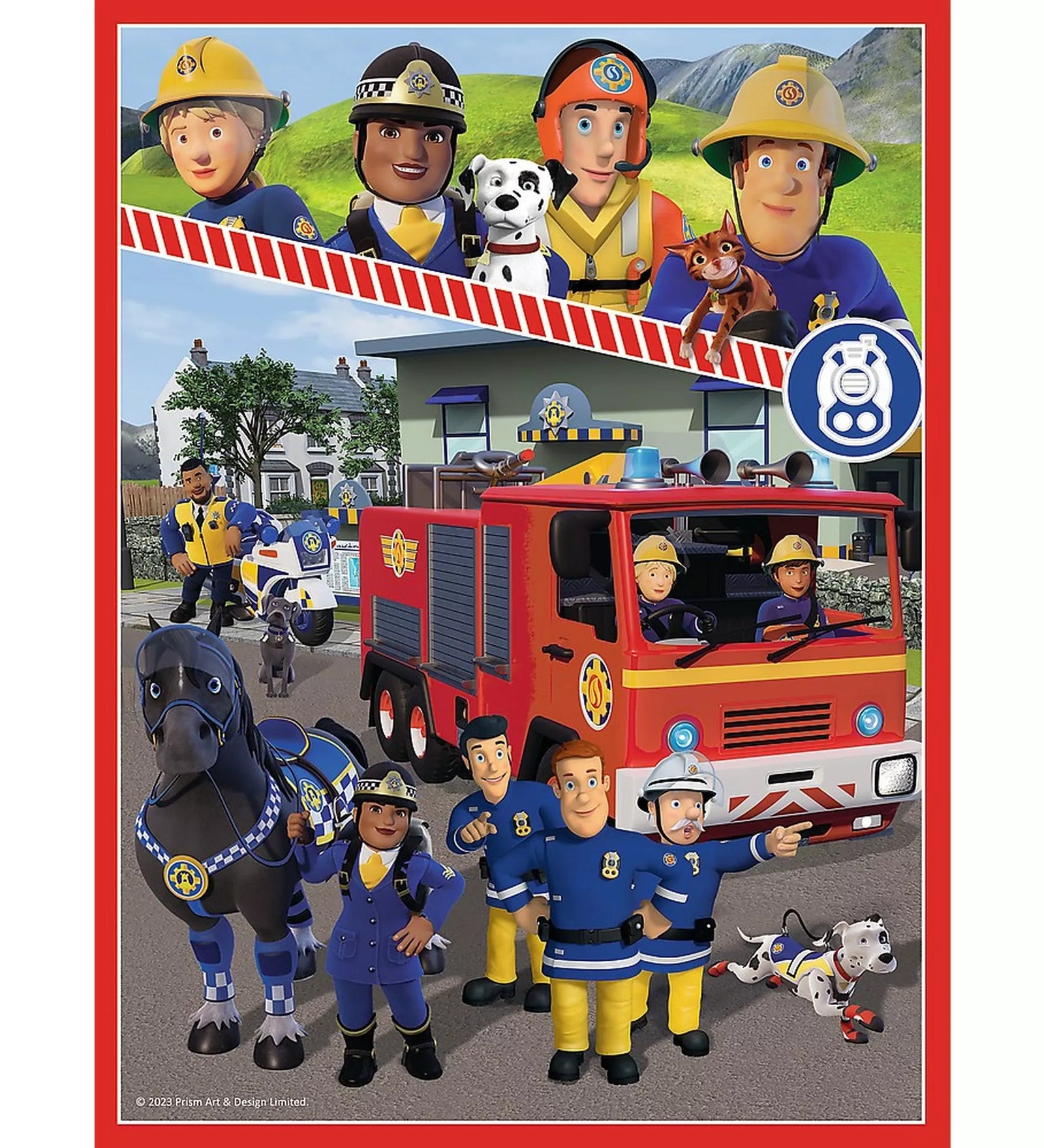 Fireman Sam puzzle kész kép, amelyen Sam és csapata a tűzoltóállomás előtt állnak a piros tűzoltóautóval, rendőrrel, mentőkutyával és mentőjárművekkel, részletgazdag, színes illusztrációval.