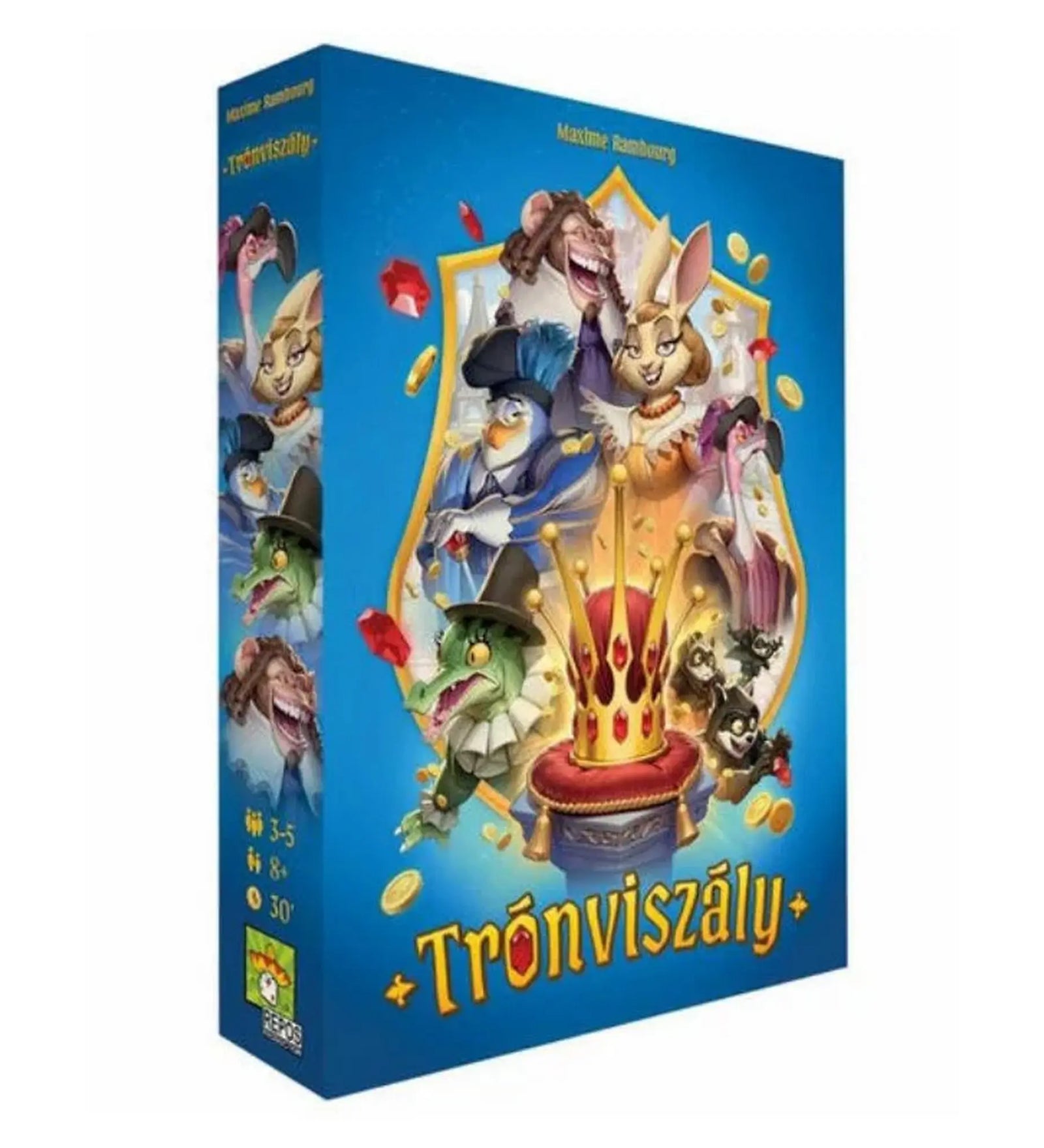 Trónviszály társasjáték doboza állatos karakterekkel és koronával díszített borítóval