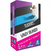 Tudod... vagy bukod! magyar nyelvű társasjáték lila, fekete és rózsaszín doboza, kalapos fehér állatfigurával.
