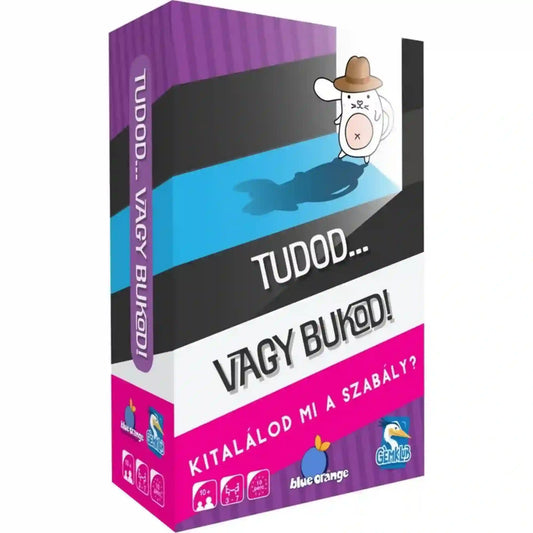 Tudod... vagy bukod! magyar nyelvű társasjáték lila, fekete és rózsaszín doboza, kalapos fehér állatfigurával.