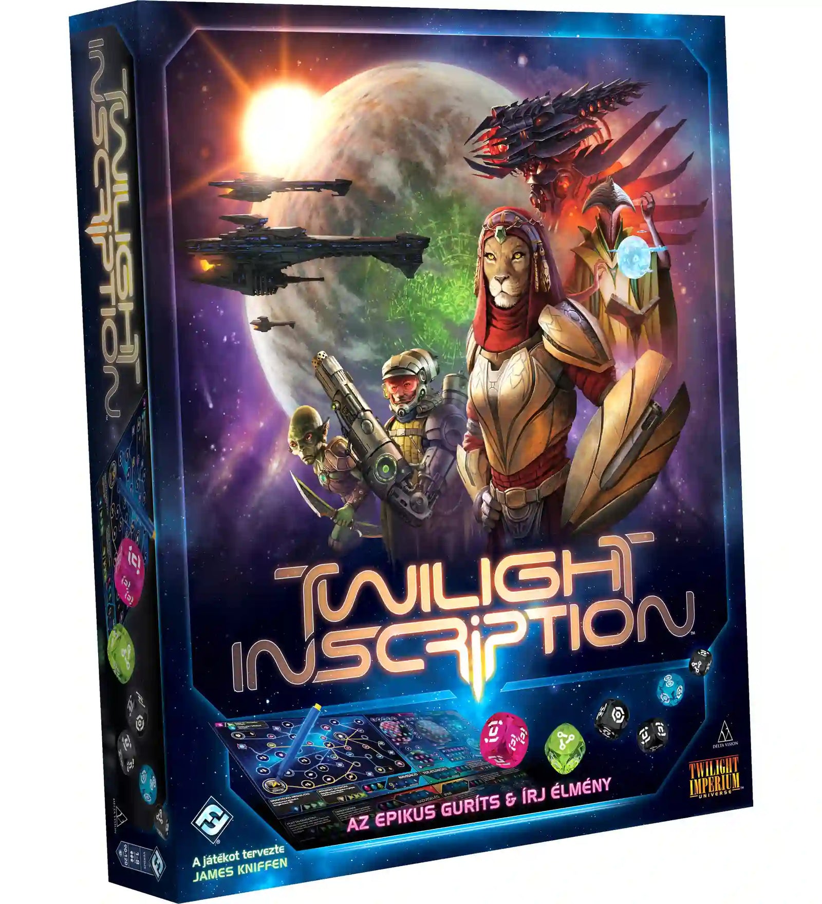 Twilight Inscription társasjáték dobozkép, sci-fi karakterekkel, űrhajókkal és bolygóval a háttérben, színes dobókockákkal és játékelemekkel az előtérben.
