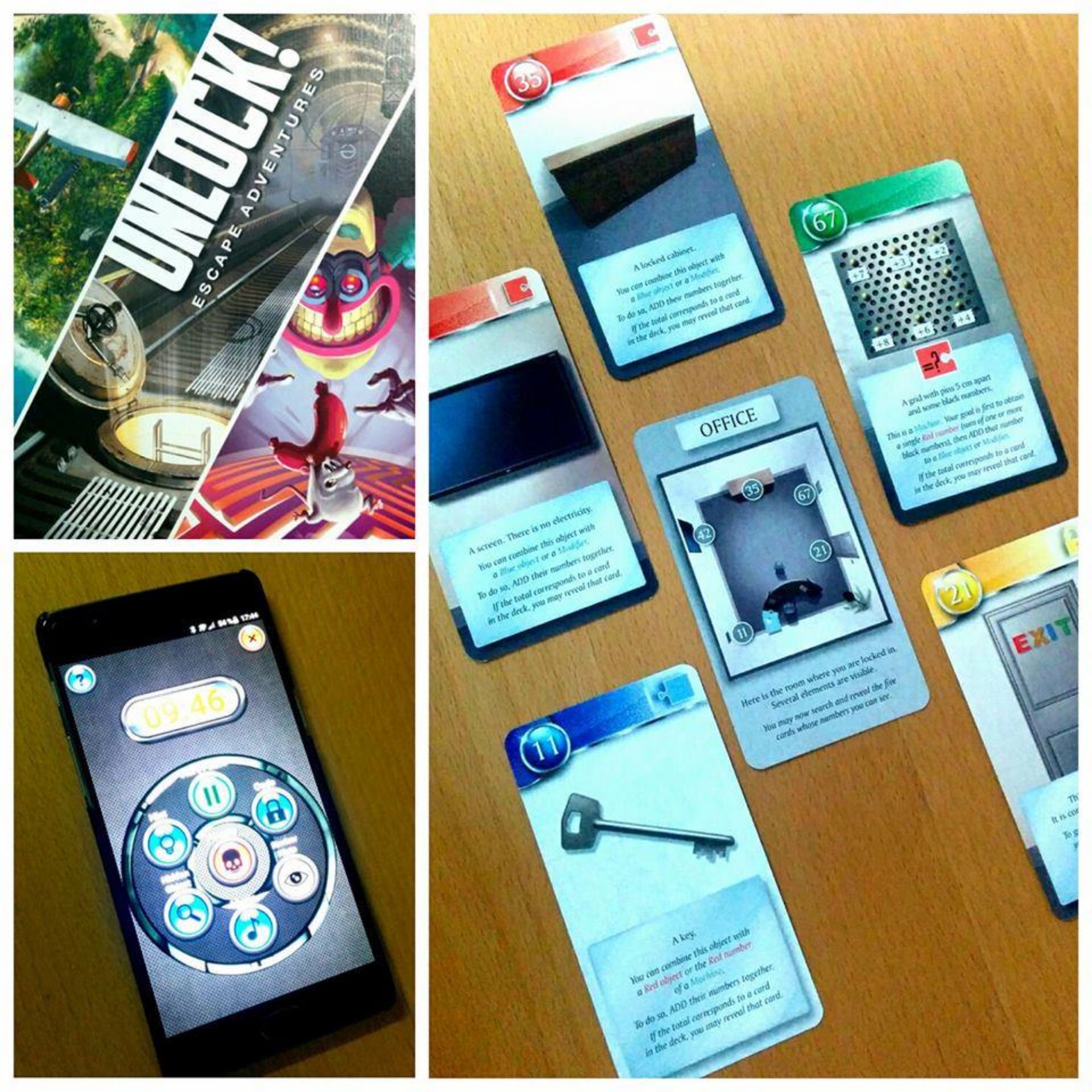 Unlock! Escape Adventures társasjáték játékmenet közben: kártyákon különböző helyszínek, tárgyak és rejtélyek láthatók, valamint egy időmérő alkalmazás telefonon.