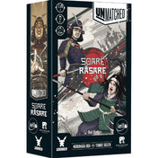 Unmatched: Soare Răsare társasjáték doboza Nobunaga Oda és Tomoe Gozen illusztrációval