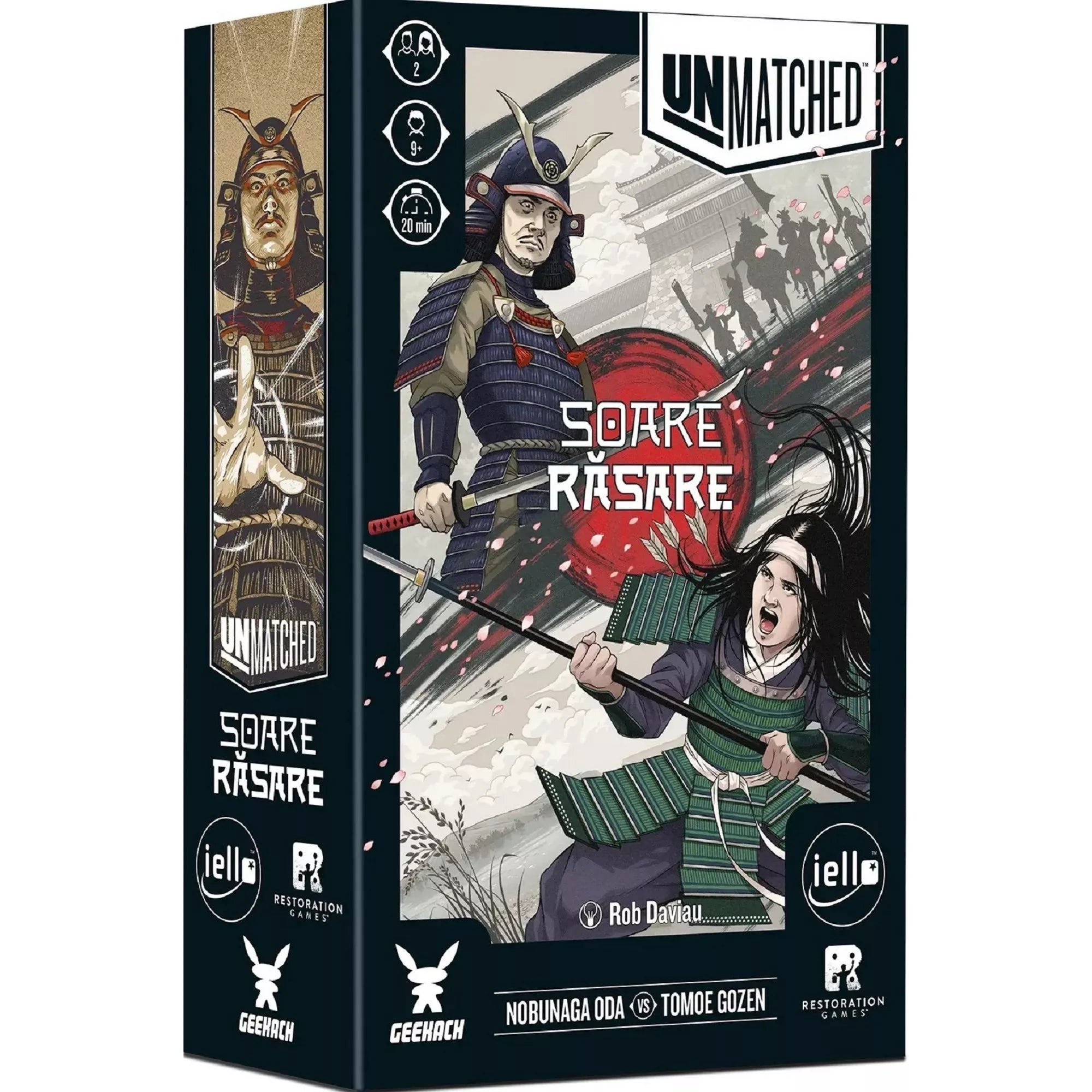 Unmatched: Soare Răsare társasjáték doboza Nobunaga Oda és Tomoe Gozen illusztrációval