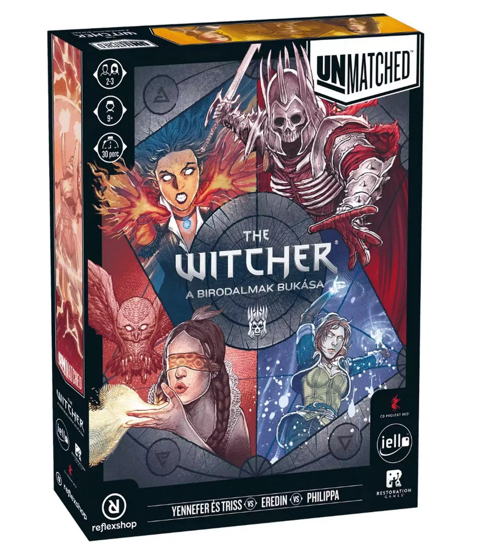 Az Unmatched: The Witcher – A birodalmak bukása társasjáték doboza, amelyen Yennefer, Triss, Eredin és Philippa karakterei láthatók színes, dinamikus illusztrációkon.