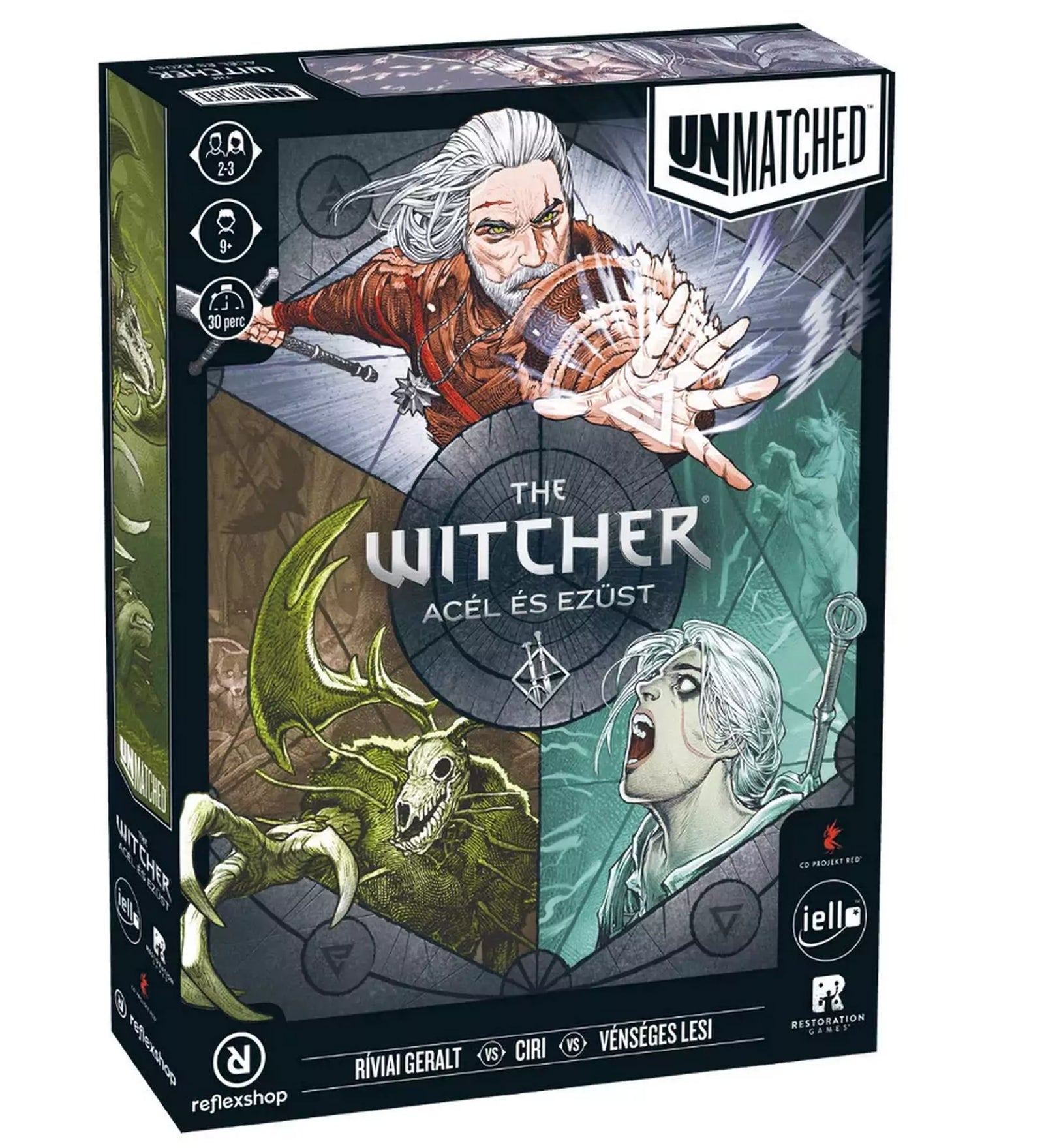 Unmatched: The Witcher – Acél és ezüst társasjáték doboza, Geralt, Ciri és egy szörny illusztrációival a borítón.