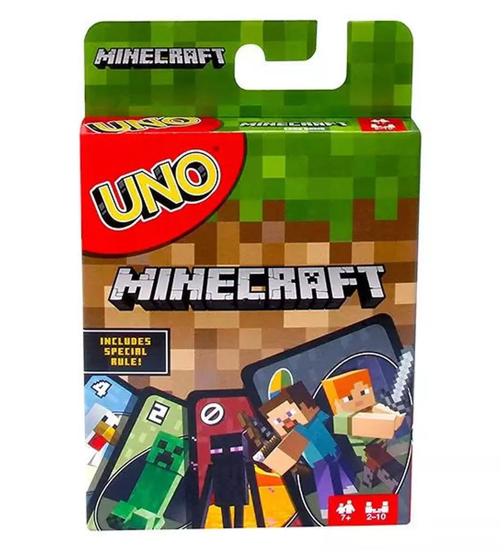 UNO Minecraft kártyajáték doboza, a borítón Steve, Alex és ikonikus Minecraft karakterek, például Creeper és Enderman illusztrációival.