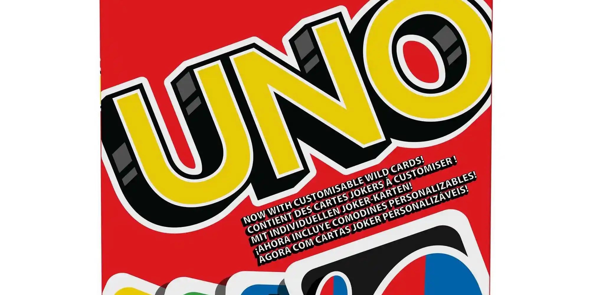 UNO kártyajáték doboza a Mattel 50. évfordulós kiadásában, klasszikus piros csomagolással, 108 lapos családi partijáték 2–10 játékos részére.