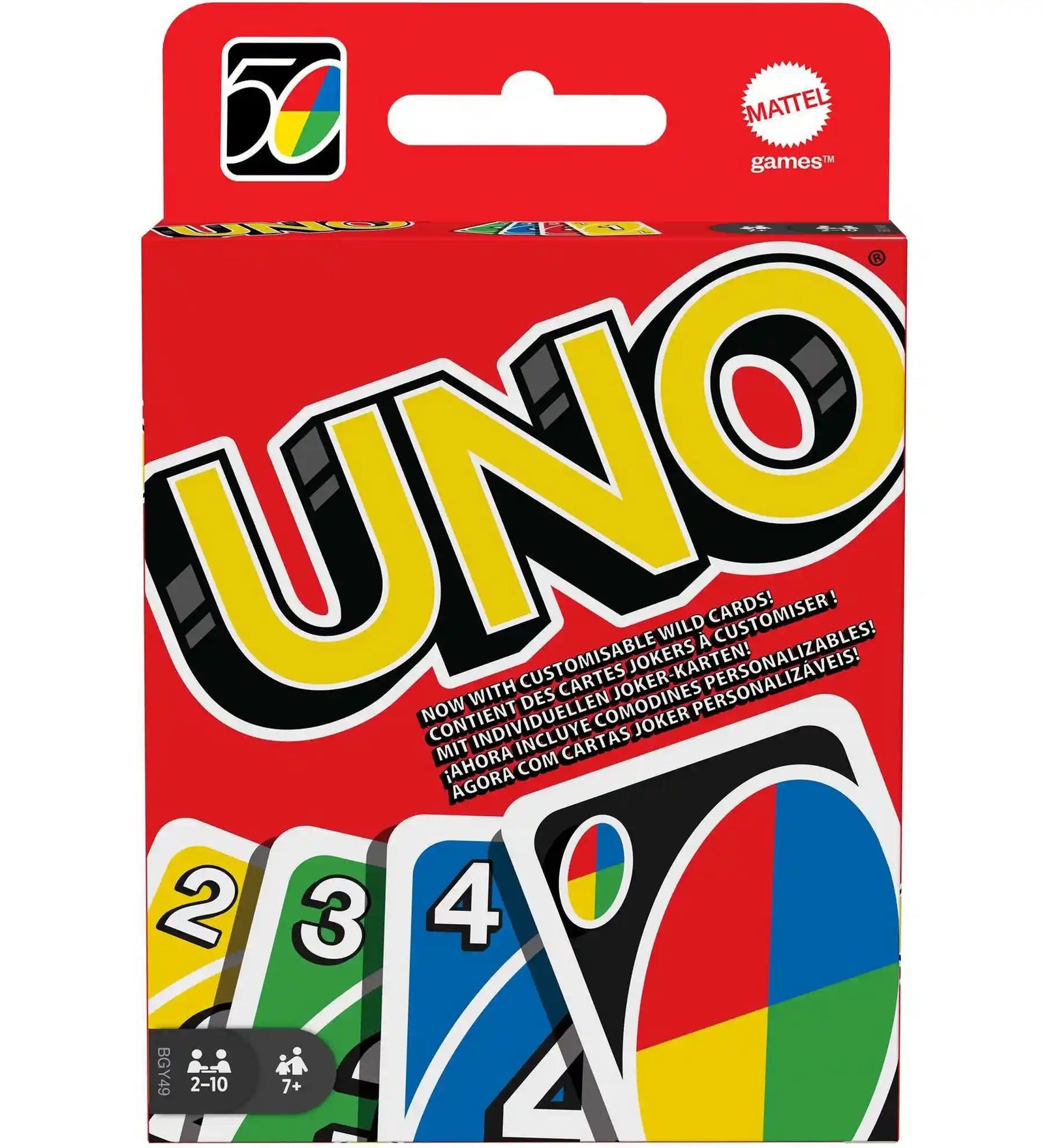 UNO kártyajáték doboza a Mattel 50. évfordulós kiadásában, klasszikus piros csomagolással, 108 lapos családi partijáték 2–10 játékos részére.