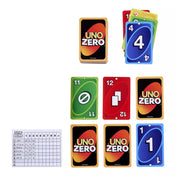 Az UNO Zero kártyák és a pontozótábla együtt láthatók. A képen különböző színű kártyák – zöld, piros, kék és sárga – szerepelnek, köztük akciólapok, például “Skip” és “Draw 2”. A pontozólapon játékosnevek és pontszámok is láthatók.