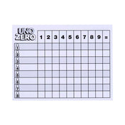 Az UNO Zero játékhoz tartozó pontozólap látható, amely 1-től 9-ig számozott oszlopokat és 8 sorban játékosneveket tartalmaz. A tábla segít a körök pontjainak nyilvántartásában.