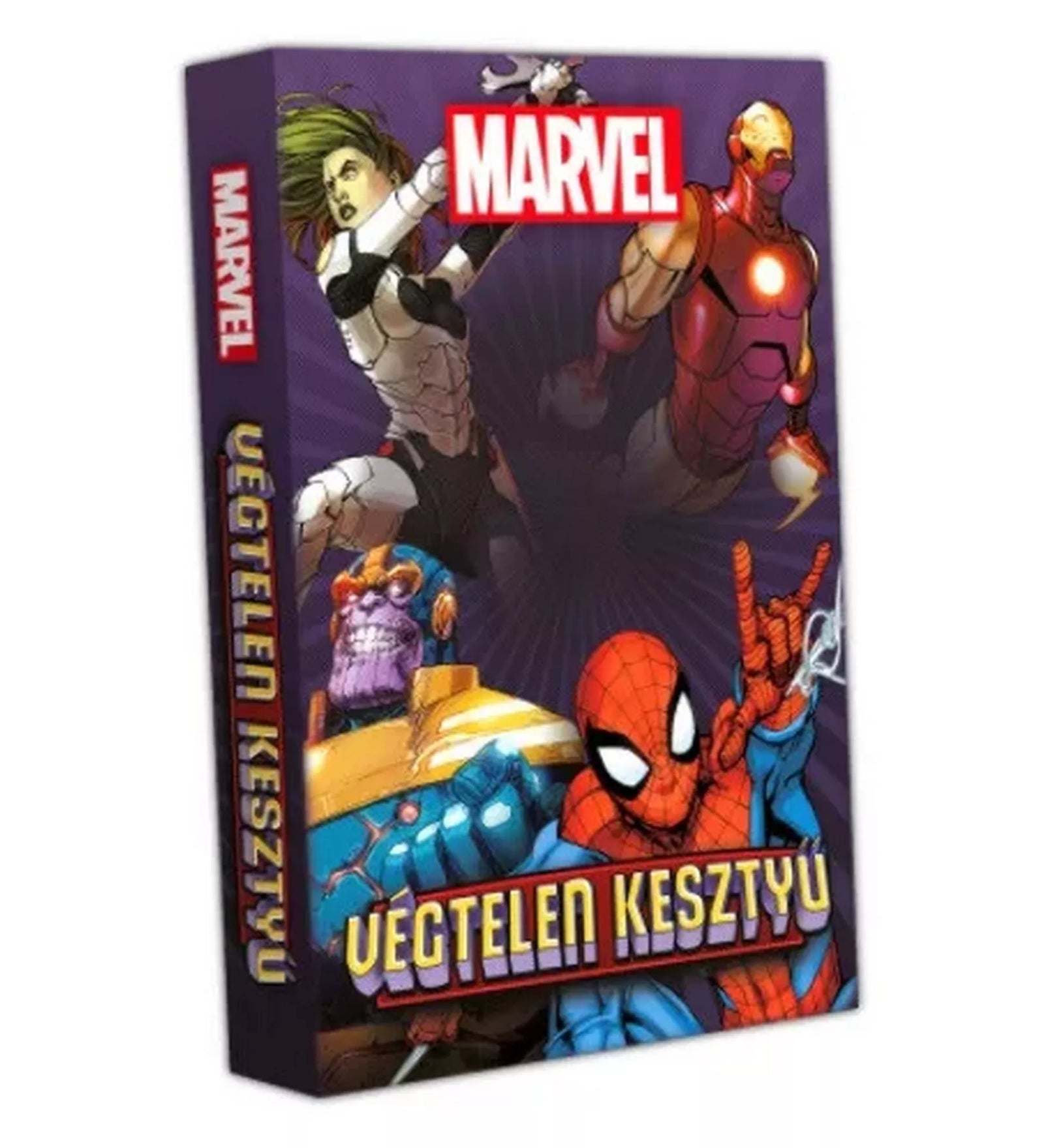 Marvel: Végtelen Kesztyű társasjáték dobozkép Thanos, Pókember és Vasember karakterekkel a Marvel univerzumból