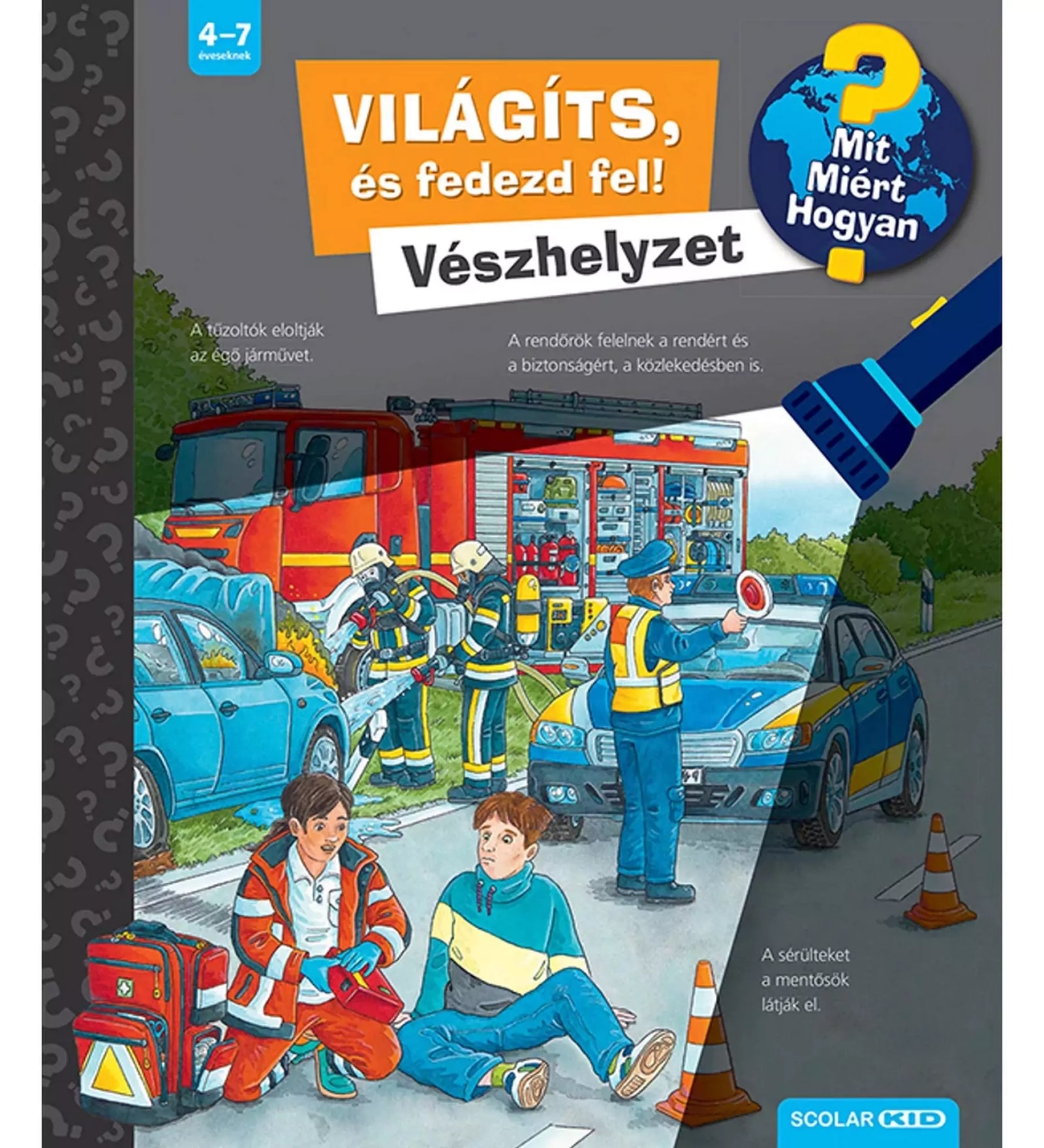 Világíts, és fedezd fel! Vészhelyzet, Mit? Miért? Hogyan? könyv borítója mely bemutat néhány vészhelyzetet, valamint a könyvhöz tartozó papír zseblámpát.