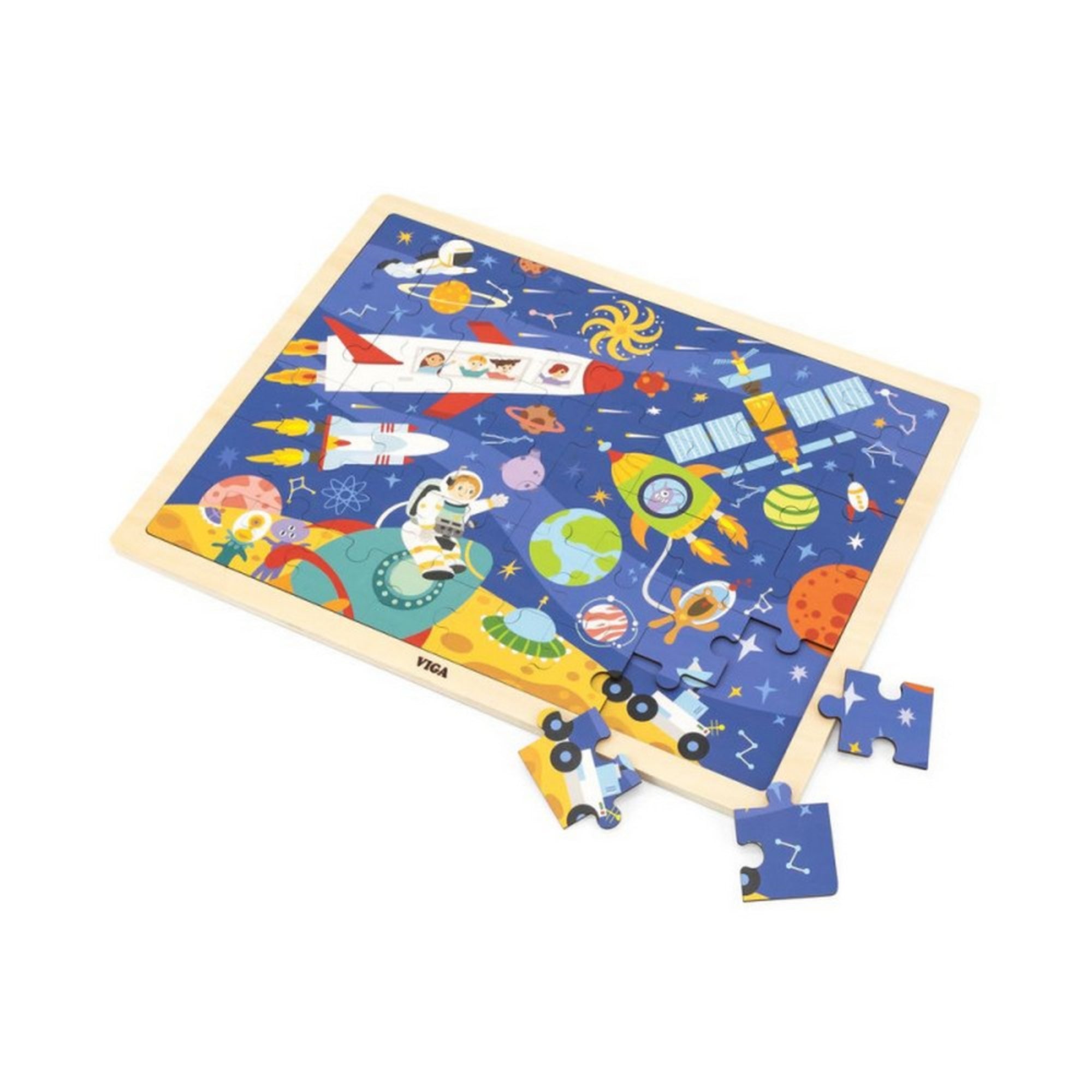 Űr témájú, 48 darabos Viga puzzle folyamatban lévő összeállítás, néhány darab még hiányzik.