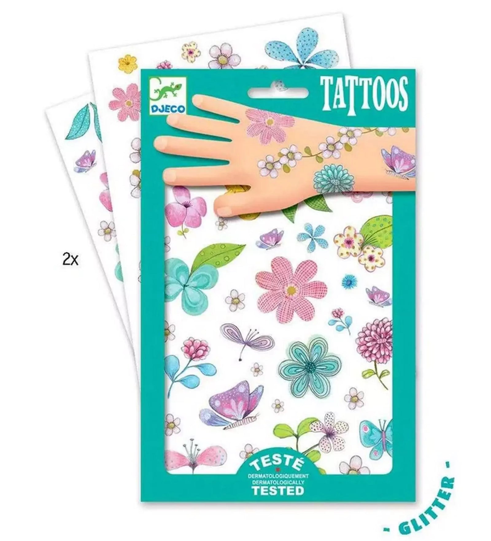 Djeco Virágos csillogó tetoválás szett – Ideiglenes tetoválások virágokkal és pillangókkal, csillámos hatással, bőrbarát és dermatológiailag tesztelt.
tartalma – Két lap ideiglenes tetoválás különféle virág- és pillangómintákkal, pasztell színekben csillogó részletekkel.