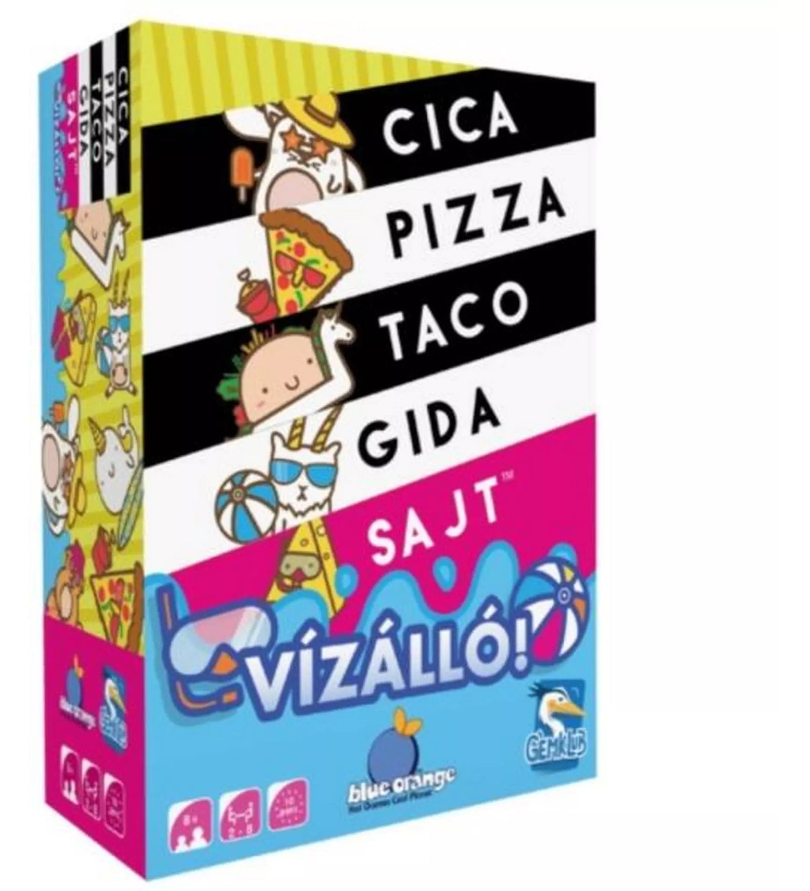 „Cica Pizza Taco Gida Sajt – Vízálló kiadás társasjáték doboza vidám, színes grafikákkal. A borítón állatok, ételek és nyári motívumok láthatók, alul a Vízálló! felirat kék hullámokkal és strandlabdával.”