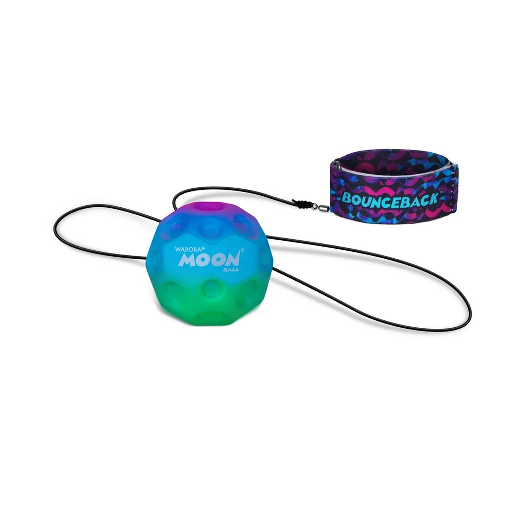 Waboba Bounceback Gradient lila-kék-zöld Moon Ball labda fekete rugalmas zsinórral és lila-kék mintás Bounceback csuklópánttal.