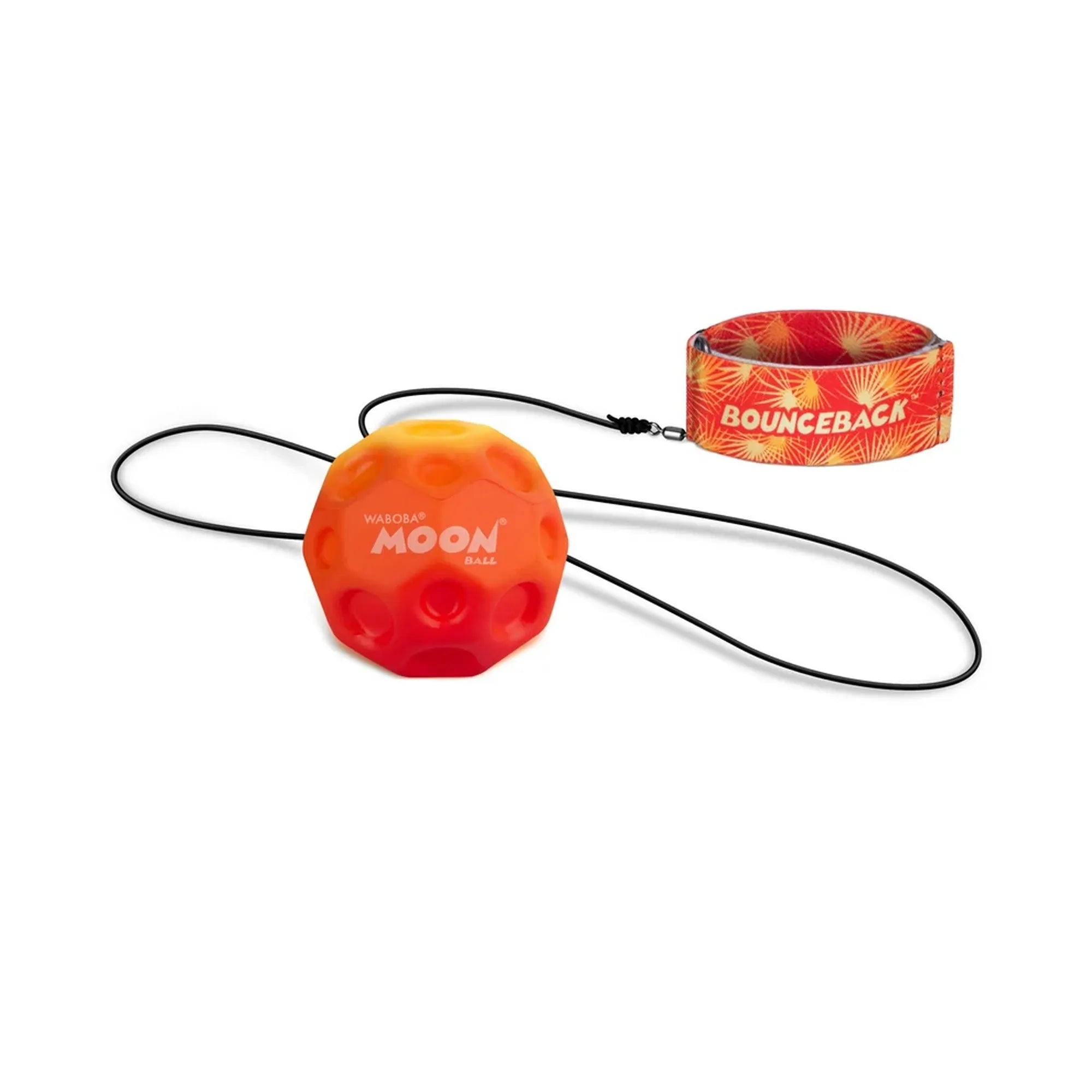 Waboba Bounceback Gradient narancssárga-piros Moon Ball labda fekete rugalmas zsinórral és narancssárga, mintás Bounceback csuklópánttal.