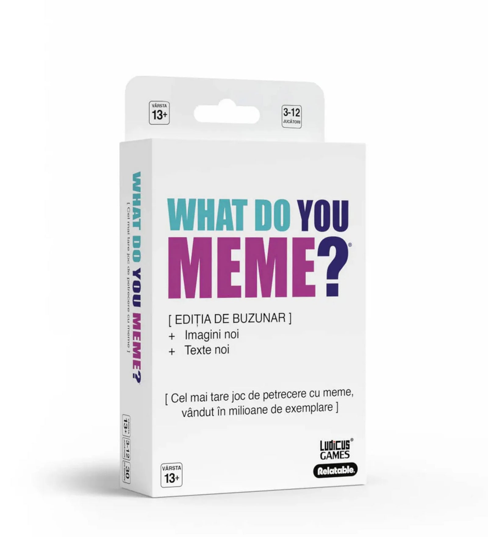 What Do You Meme? Ediția de buzunar román nyelvű társasjáték doboza, kompakt mémes partijáték utazásokhoz és baráti összejövetelekhez.