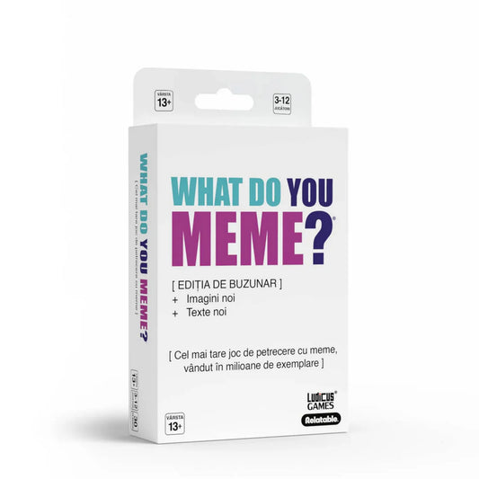What Do You Meme? Ediția de buzunar román nyelvű társasjáték doboza, kompakt mémes partijáték utazásokhoz és baráti összejövetelekhez.