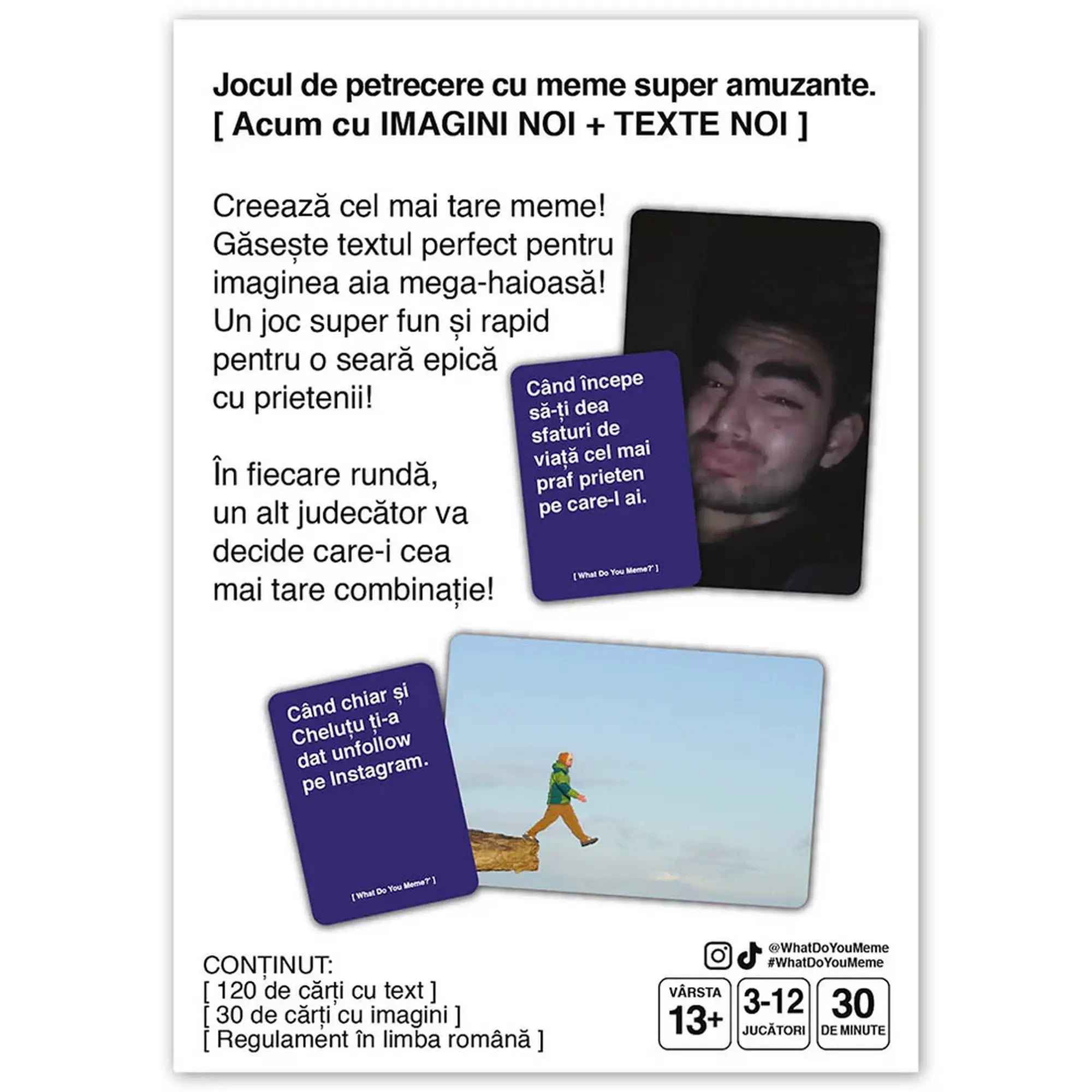 What Do You Meme? Ediția de buzunar hátoldala a játékszabállyal, tartalomjegyzékkel és mémkártya példákkal román nyelven.