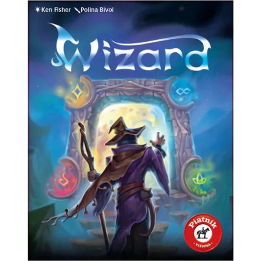 Wizard magyar nyelvű társasjáték doboza varázslóval, mágikus kapuval és misztikus fantasy grafikával.