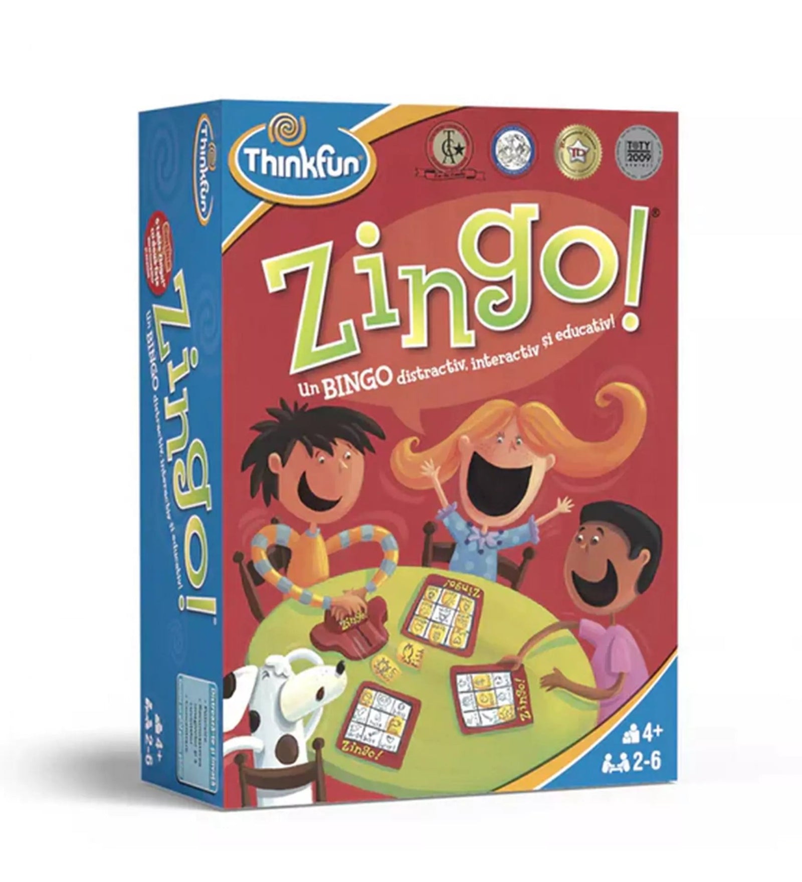 A ThinkFun Zingo! társasjáték doboza, amely egy szórakoztató, interaktív és oktató bingó játék 4 éves kortól, 2-6 játékos számára. A dobozon vidám illusztrációk láthatók, ahol gyerekek játszanak a Zingo! kártyákkal.
