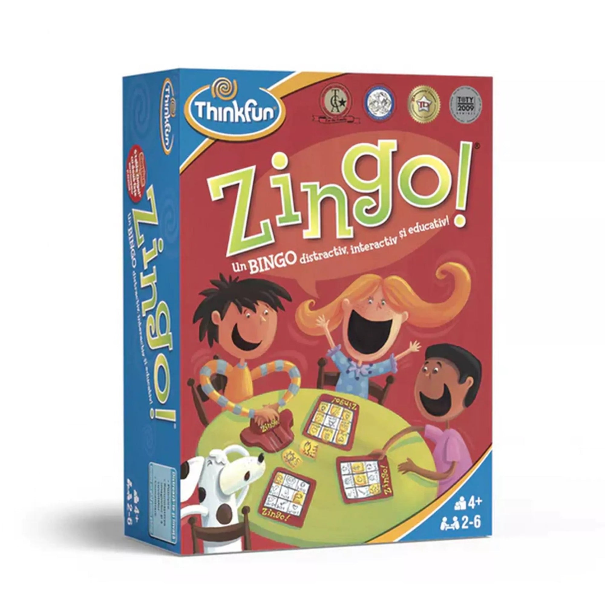 A ThinkFun Zingo! társasjáték doboza, amely egy szórakoztató, interaktív és oktató bingó játék 4 éves kortól, 2-6 játékos számára. A dobozon vidám illusztrációk láthatók, ahol gyerekek játszanak a Zingo! kártyákkal.