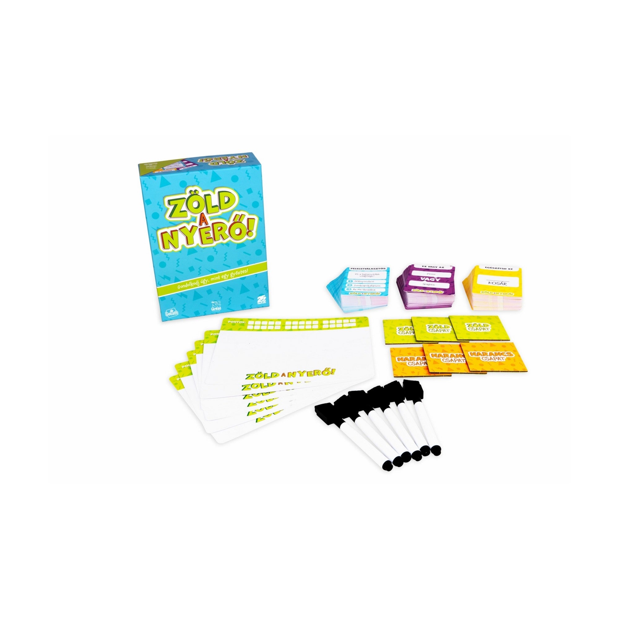 A Zöld a nyerő! társasjáték doboza és tartozékai: kártyapaklik, válaszlapok, filctollak és csapatjelölő lapok. Minden, ami egy pörgős, vicces társas estéhez kell.