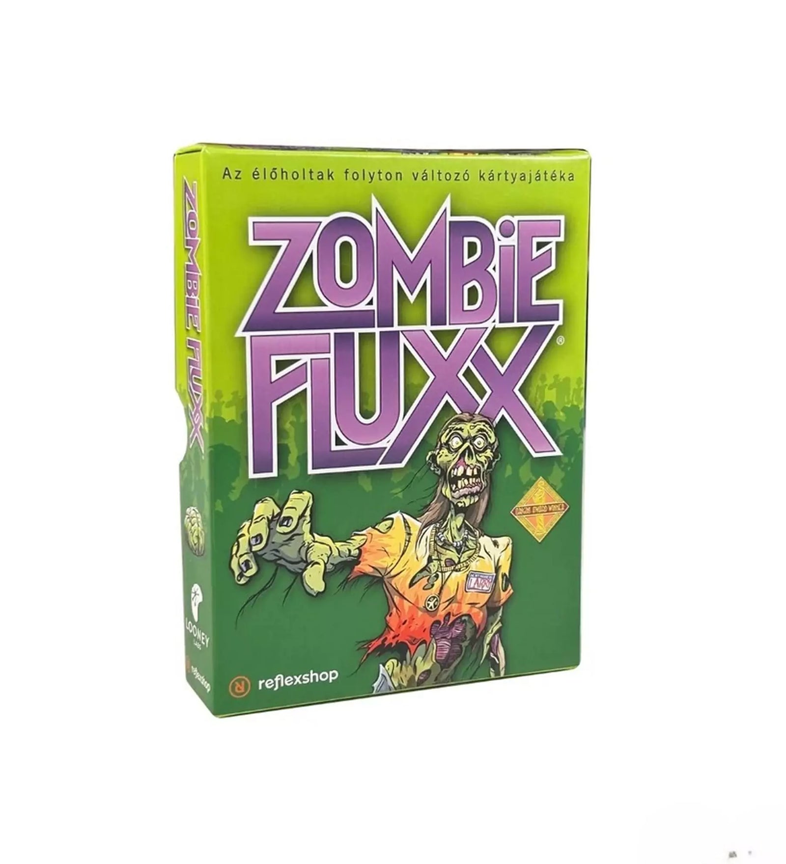 A Zombie Fluxx kártyajáték doboza, amelyben a szabályok folyamatosan változnak, és a játékosok zombik és túlélők között próbálnak érvényesülni.