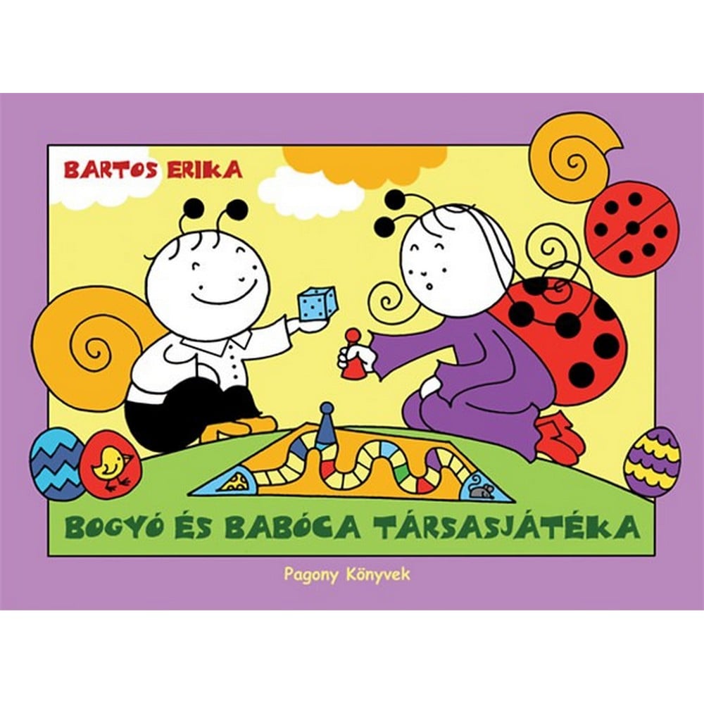 A kép a "Bogyó és Babóca társasjátéka" című könyv borítóját ábrázolja, amelyen Bogyó és Babóca közös játék közben láthatók, színes és vidám illusztrációval.