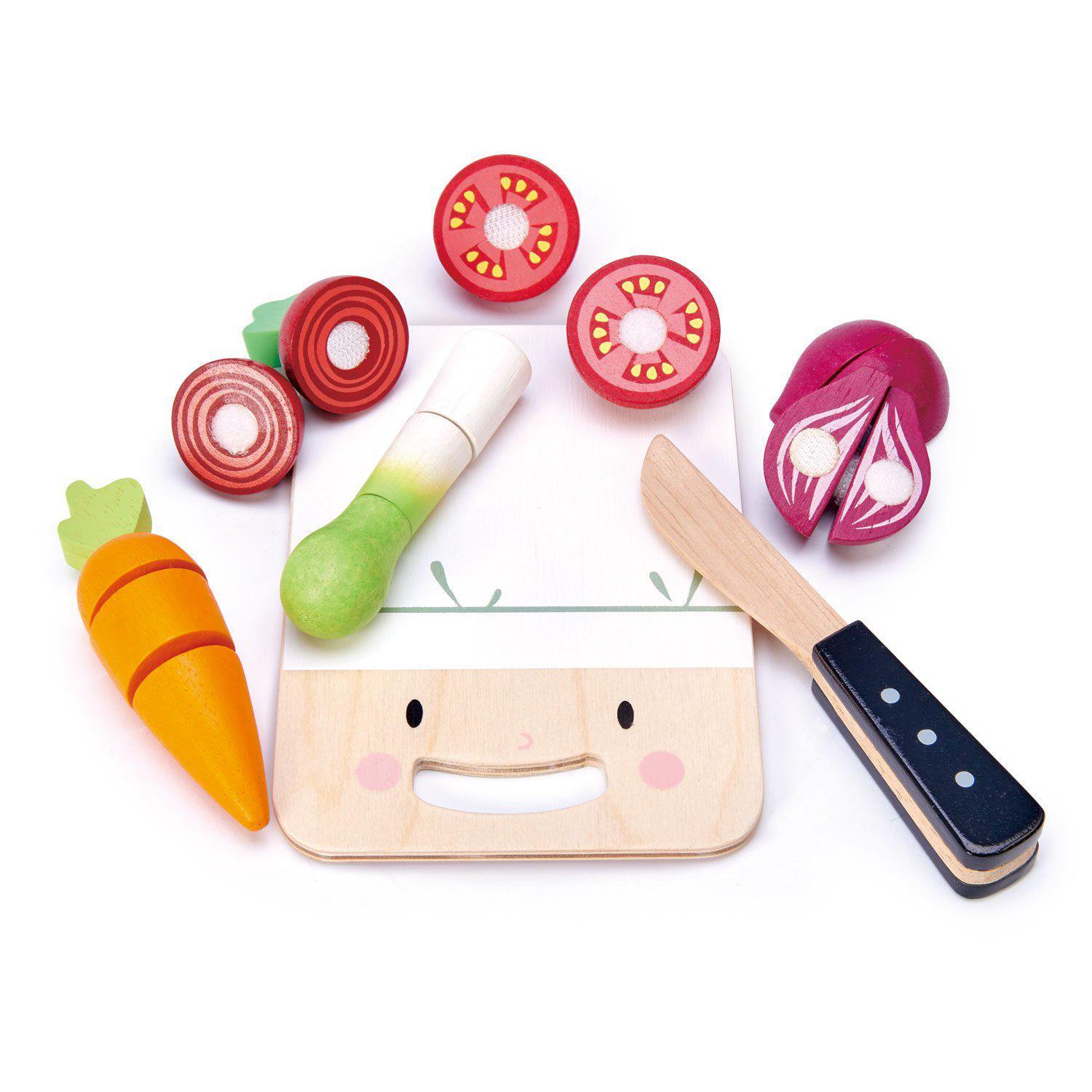 Aprító és zöldség készlet, prémium minőségű fából - Mini Chef Chopping Board - 16 darab - Tender Leaf Toys-Tender Leaf Toys-2-Játszma.ro - A maradandó élmények boltja