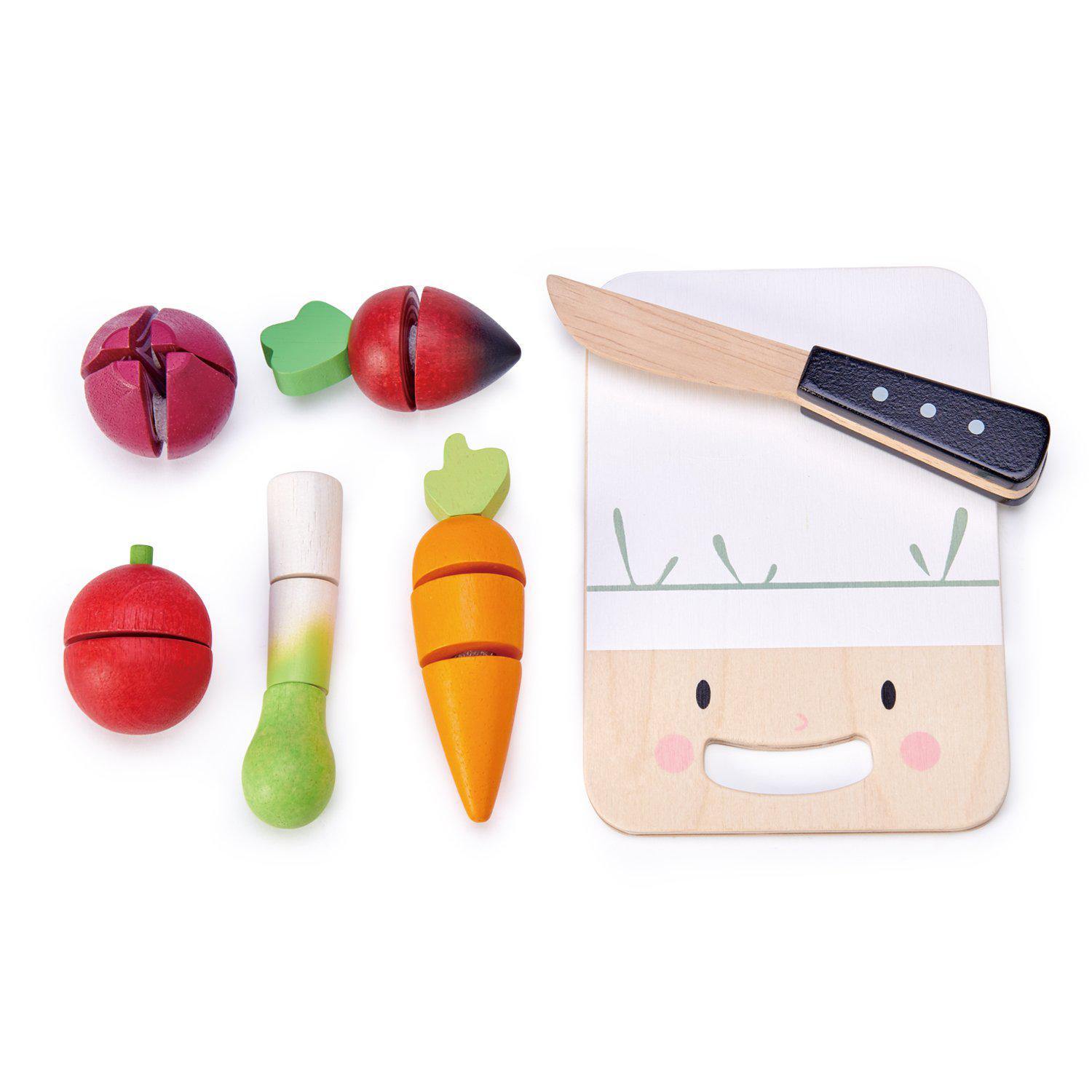 Aprító és zöldség készlet, prémium minőségű fából - Mini Chef Chopping Board - 16 darab - Tender Leaf Toys-Tender Leaf Toys-3-Játszma.ro - A maradandó élmények boltja