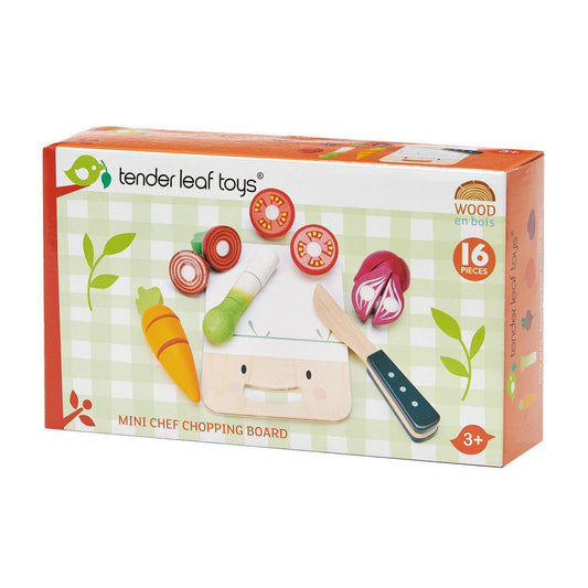 Aprító és zöldség készlet, prémium minőségű fából - Mini Chef Chopping Board - 16 darab - Tender Leaf Toys-Tender Leaf Toys-1-Játszma.ro - A maradandó élmények boltja