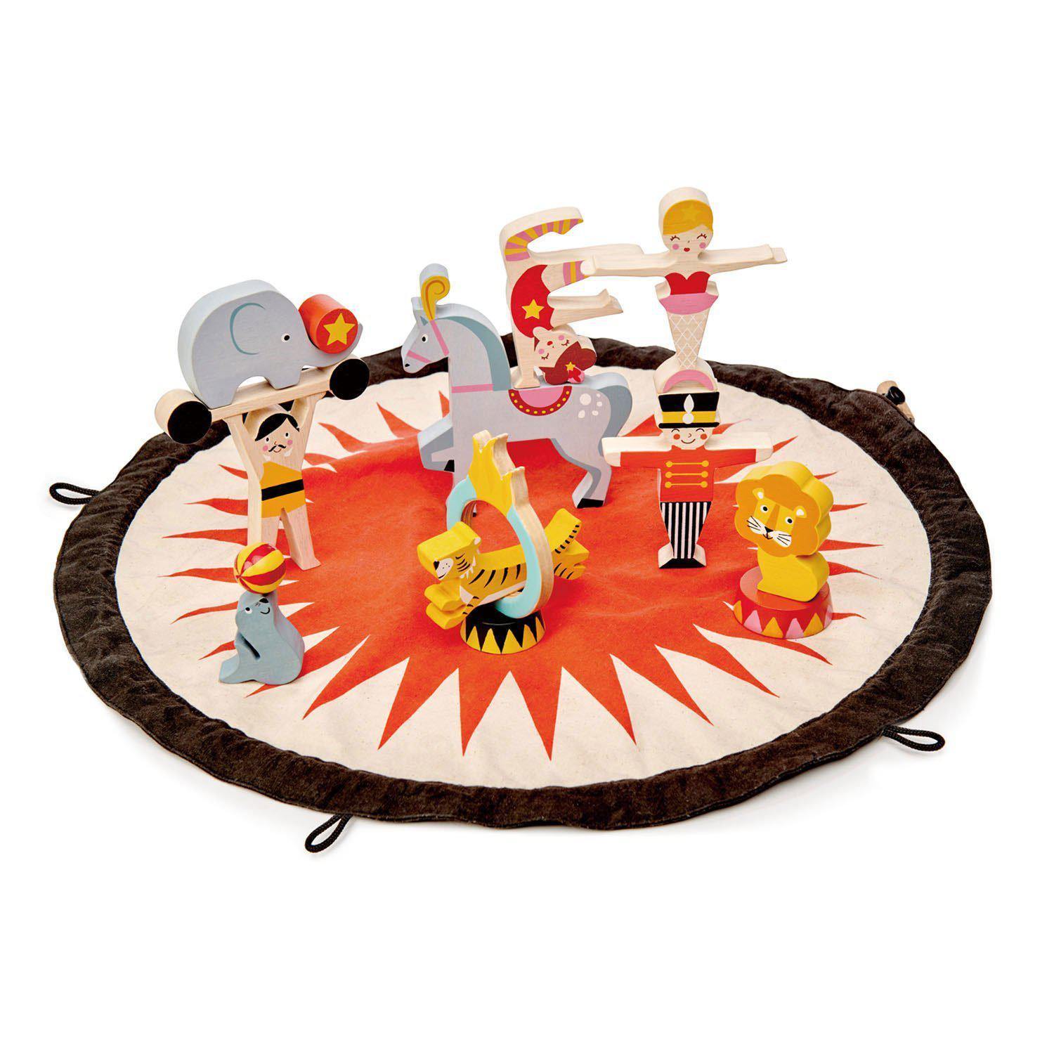 Cirkuszi mesés zsákocska, prémium minőségű fából - Circus Stacker - 16 darab, conține o planșă din material textil - Tender Leaf Toys-Tender Leaf Toys-2-Játszma.ro - A maradandó élmények boltja