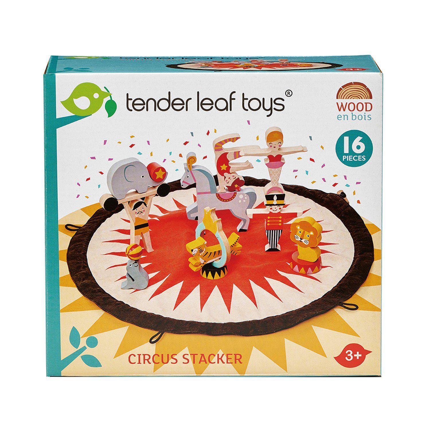 Cirkuszi mesés zsákocska, prémium minőségű fából - Circus Stacker - 16 darab, conține o planșă din material textil - Tender Leaf Toys-Tender Leaf Toys-1-Játszma.ro - A maradandó élmények boltja