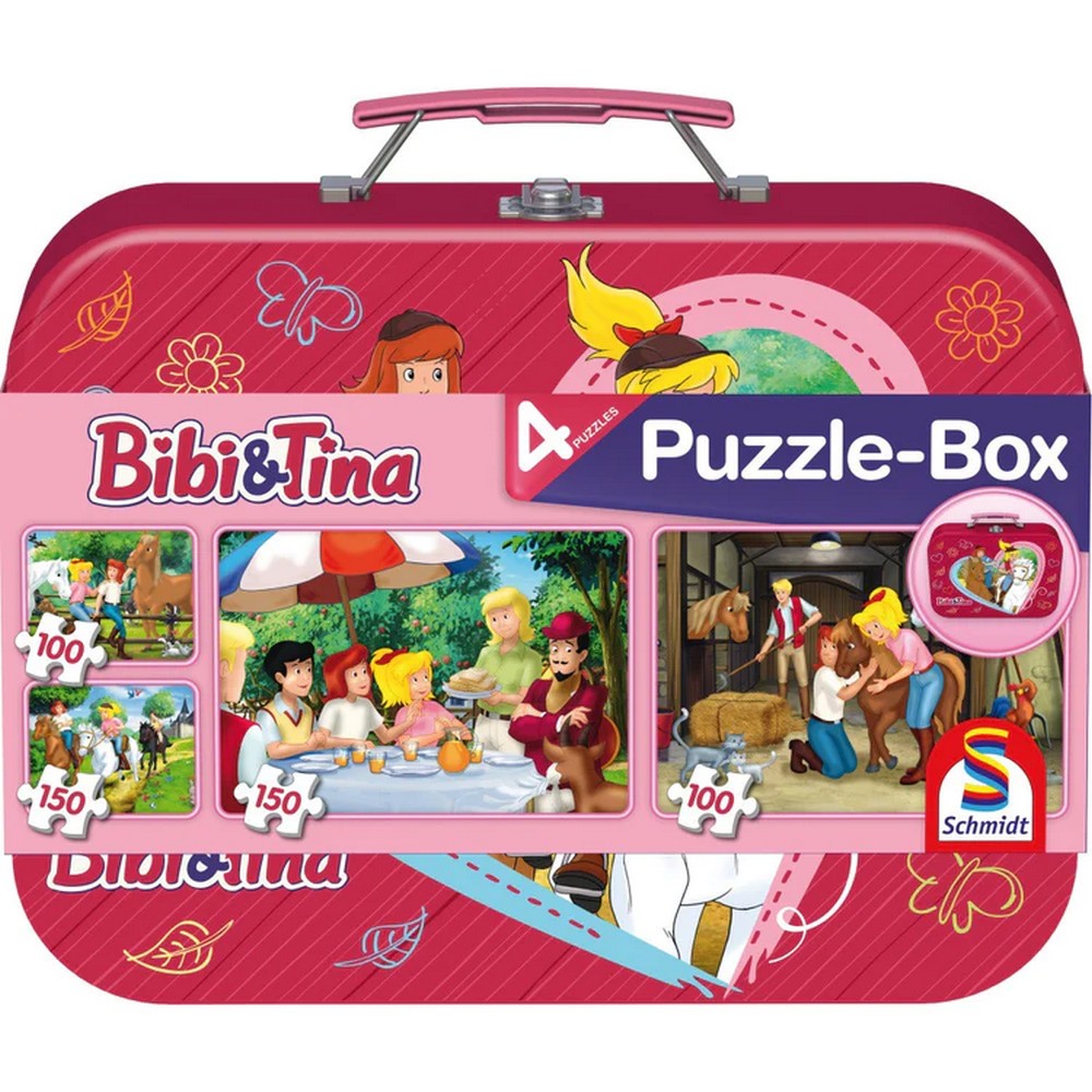 Schmidt puzzle: Bibi & Tina 2 x 100 darabos és 2 x 150 darabos készlet + Bónusz: fém láda