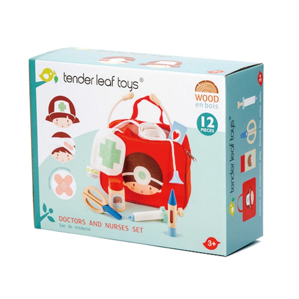 Piros orvosi táska, 16 orvosi eszközzel, prémium fából - Doctor's Bag - Tender Leaf Toys